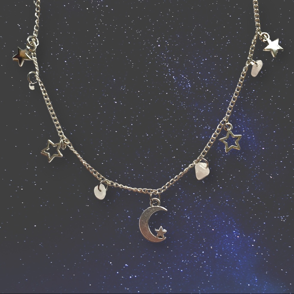 ⭐️ Floating Moon and Star with Rose Quartz Crystals Silver Chain Necklace